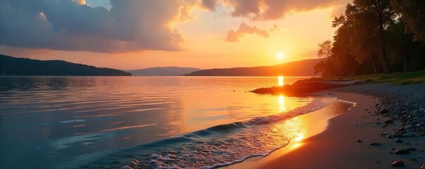 Serene Lakeside Sunset Tranquil Water Reflecting Golden Hour Light, Calm Waves Gently Lap the Shore, Peaceful Atmosphere Perfect for Relaxation and Meditation