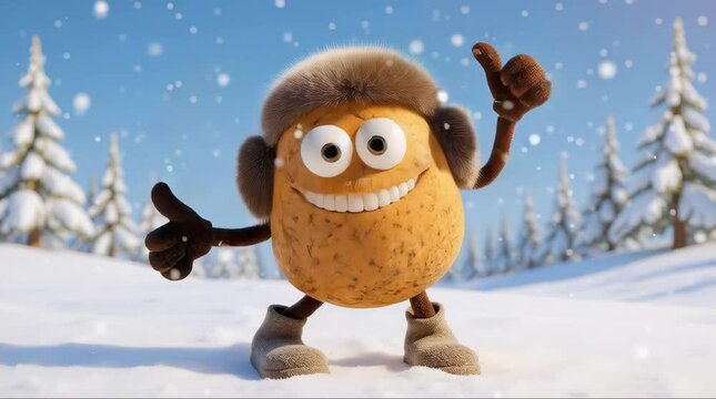 Cheerful 3D animated potato figure in winter clothes shows a thumbs up, dances cheerfully in a snowy forest and sees falling snowflakes.