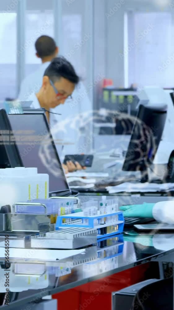 Poster animation of data processing over diverse scientists working in lab