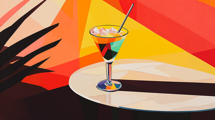 Colorful cocktail illustration with a striking geometric design on a table in cafe, bar. An abstract summer drink sits on a round table, highlighted by warm, bold colors and a dynamic composition.