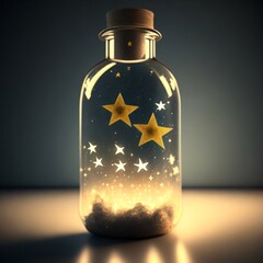 AI-generated Christmas background featuring a glass bottle with a cork lid. Inside the bottle, snowy trees and hanging stars are softly lit with festive lights, creating a magical and cozy scene