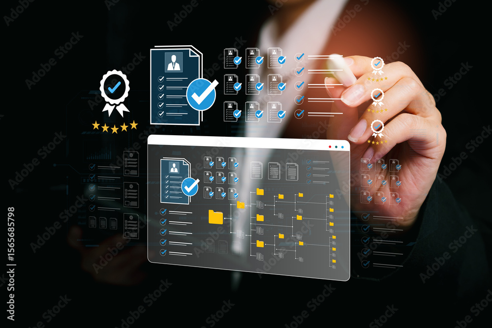 Poster professional businessman analyzing digital data and graphics for project management and workflow opt