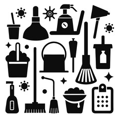 Perfect Vector Collection Of Cleaning Tools Silhouettes For Use Graphics Websites And Apps Designs On White Background