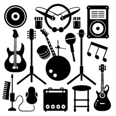 Perfect Vector Collection Of Music Tools Silhouettes For Use Graphics Websites And Apps Designs On White Background
