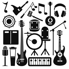 Perfect Vector Collection Of Music Tools Silhouettes For Use Graphics Websites And Apps Designs On White Background