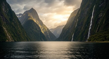 Scenic view of a fiord with towering mountains and waterfalls under a dramatic sky. Natural landscape concept.