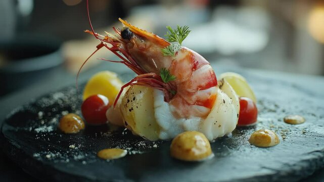 A black plate with a single cooked shrimp garnished with spices and herbs, served on a table for a meal.