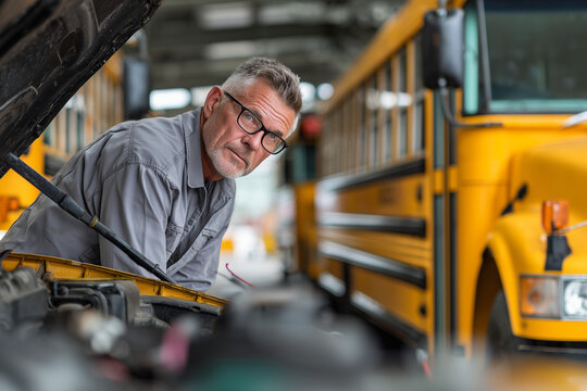 Mechanic Inspecting School Bus Engine for Routine Maintenance