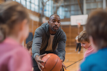 Basketball Coach Instructing Kids During Gym Drill
