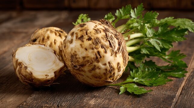 Fresh celeriac bulbs with celery leaves on rustic wooden surface