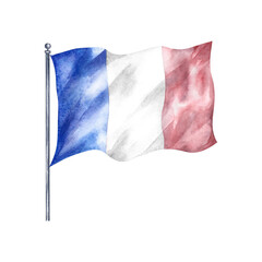 Flag of France. Hand-drawn watercolor illustration. Isolate. This design element is suitable for flyers, banners, postcards, invitations, posters, stickers, and more.