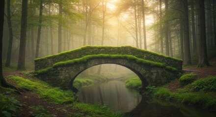 Enigmatic stone bridge shrouded in mist, evoking a sense of tranquility and timeless wonder in a