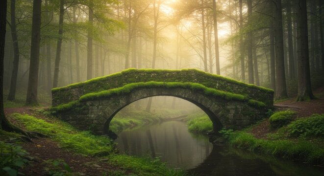 Enigmatic stone bridge shrouded in mist, evoking a sense of tranquility and timeless wonder in a - Powered by Adobe