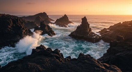 Dramatic coastline vista with jagged rocks and turbulent waves at a golden sunrise