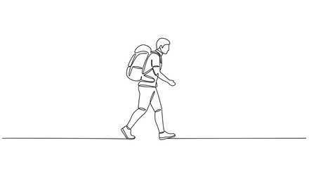 Walking hiker with backpack in minimalist outline style