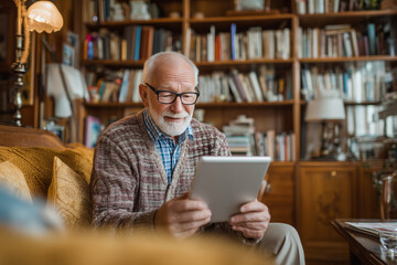 Elderly Man Studying Language with Tablet at Home