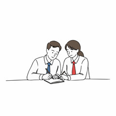 Fototapeta premium Two business people collaborating and writing in a notebook 