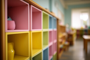 Fototapeta premium Colorful Kindergarten Cubbies - Bright Pastel Kindergarten Shelf