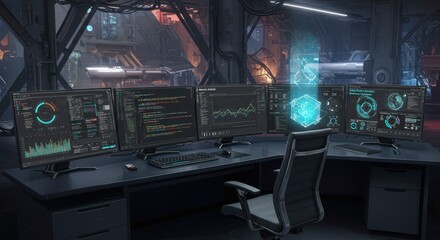 Futuristic command center featuring multiple monitors displaying data analytics dashboards and