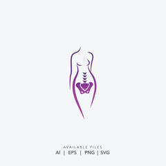 Elegant Female Body Silhouette with Pelvis, Minimalist Line Art Woman Figure with Pelvic Bone Detail, Abstract Purple Female Anatomy Icon