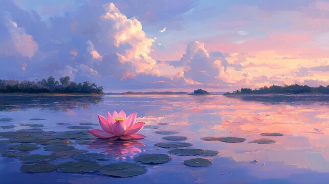 The calm water supports a delicate pink lotus flower, reflecting the warm tones of the sky at sunset
