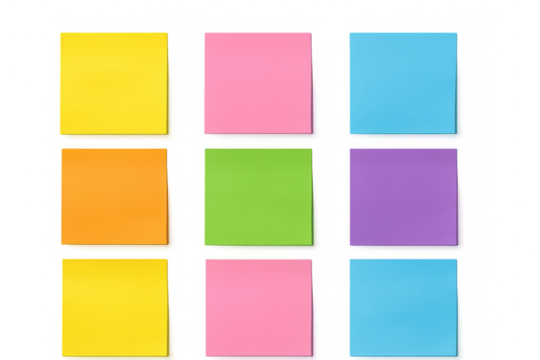 Nine colorful sticky notes arranged on a transparent background, ready to be used in any project