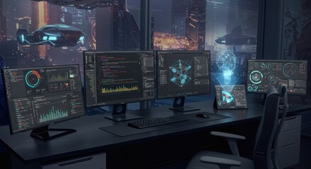 Futuristic workstation with multiple monitors displaying complex data and coding in a modern