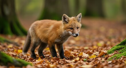 Fototapeta premium Captivating fox kit exploration amidst autumn leaves and serene forest backdrop