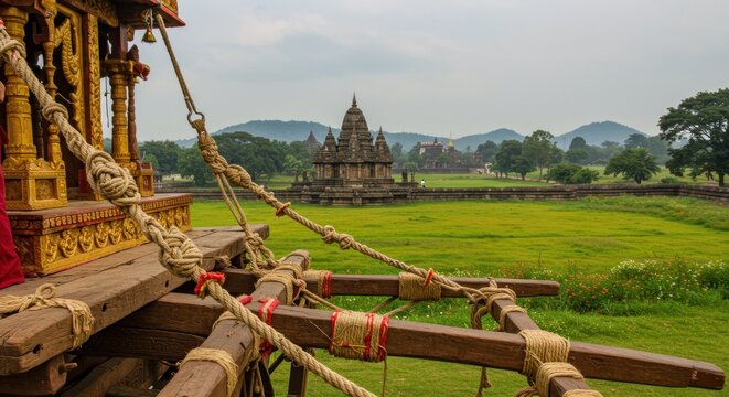 Cultural chariot ready to move forward with ancient temple as a silent observer of time's - Powered by Adobe
