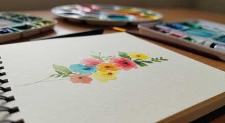 Vibrant watercolor floral arrangement on artist's sketchbook creating peaceful composition of art