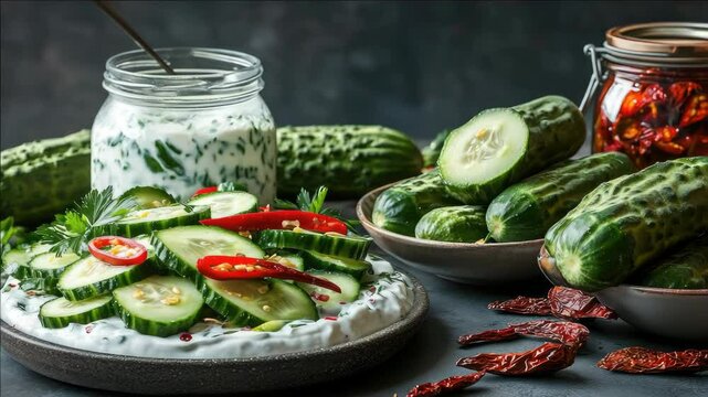 Fresh veggie dips in colorful jars on a buffet table.
