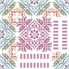 Decorative textiles in a soft pastel palette of pink, blue, and green with pixelated element