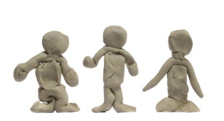 Set human creatures, grey sculpturing, modelling clay isolated on white background