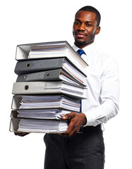 Young African American Businessman Holding Large Stack of Folders and Documents on Isolated transparent background