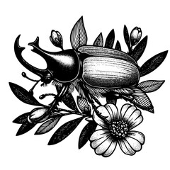 Stag Beetle in Bloom, A majestic stag beetle rests among delicate flowers and leaves