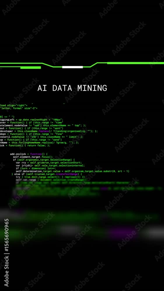 Poster animation of interface with ai data mining text, processing on black background