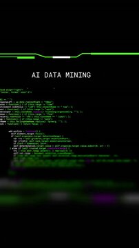 Animation of interface with ai data mining text, processing on black background