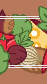 Animation of food icons and frame over brown background