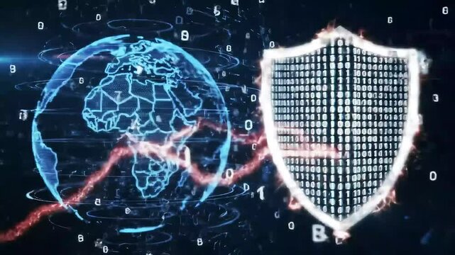 Digital illustration of a world map and shield made of binary code floating in space among floating alphanumeric characters