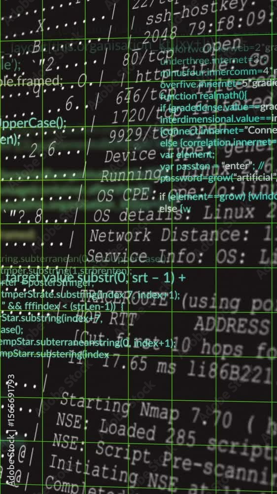 Poster lines of code and data processing animation over digital interface background