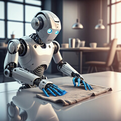 AI-generated image of a robot holding a cloth and cleaning in a modern kitchen, illustrating the future of automation and smart home technology. The scene emphasizes robotics, innovation, AI
