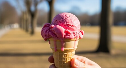 Melting Pink Ice Cream Cone Held Outdoors on Sunny Day.