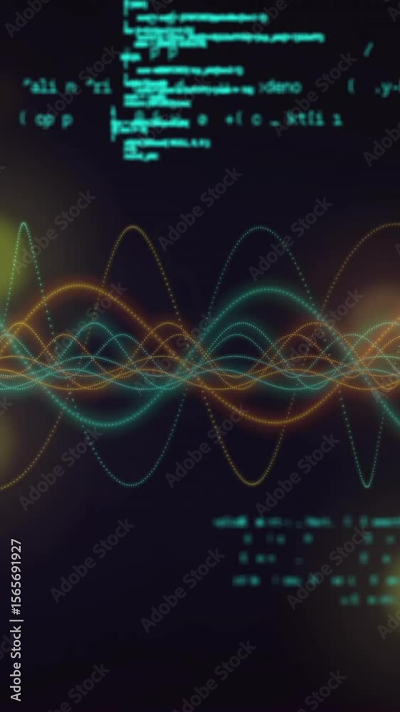 Poster creating digital data visualization concept with colorful waveforms and coding text
