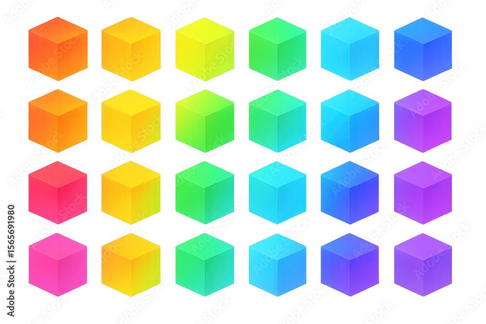 Poster colorful cube pattern shifting through rainbow spectrum, transparent background highlighting geometr