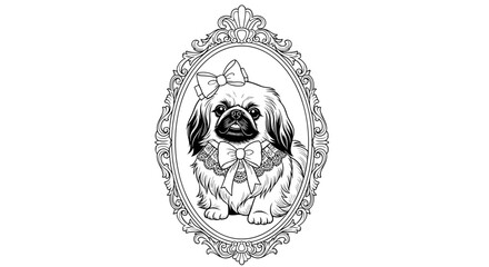 Pekingese dog wearing a bow tie in ornate vintage frame design  