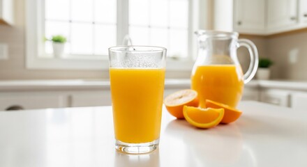 Refreshing Orange Juice Glass Pitcher and Sliced Oranges on White Countertop.