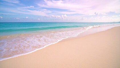 Fototapeta premium Serene Beachscape: Pastel Sky, Turquoise Waves, and Soft Sand