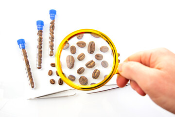 Close-up of coffee beans under magnification. A detailed view of roasted coffee beans through a...
