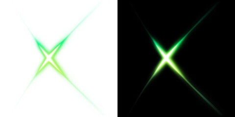 Green glowing X light with transparent and black background
