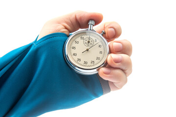 hand with a mechanical analog stopwatch on a white background. Time part precision. Measurement of...